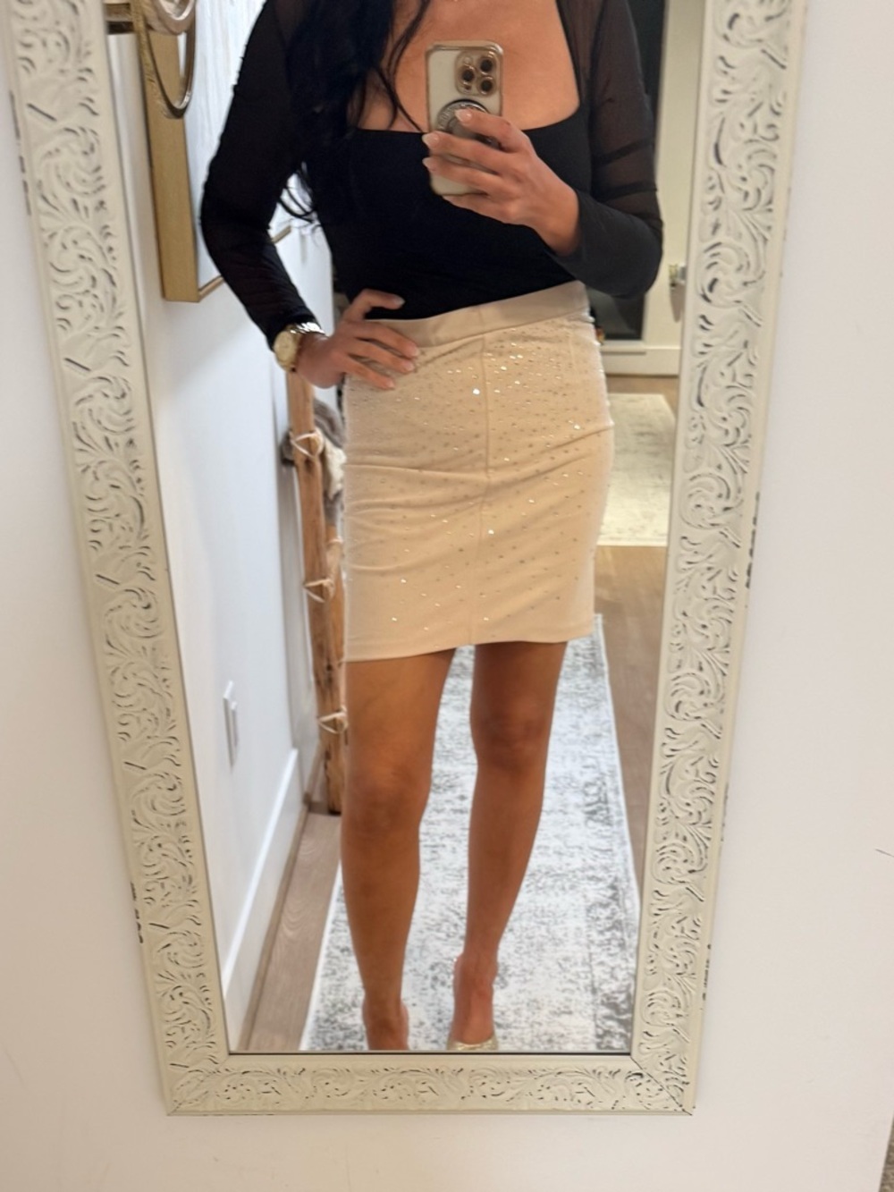 Generation Love Beige Mini Skirt with Crystal Studs